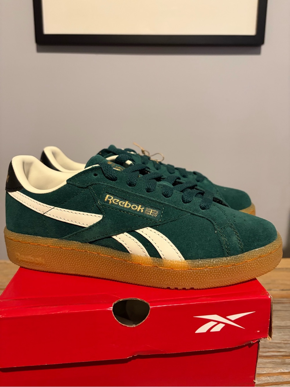Reebok Green Suede Low-Top Sneakers with White Stripes and Gum Sole
